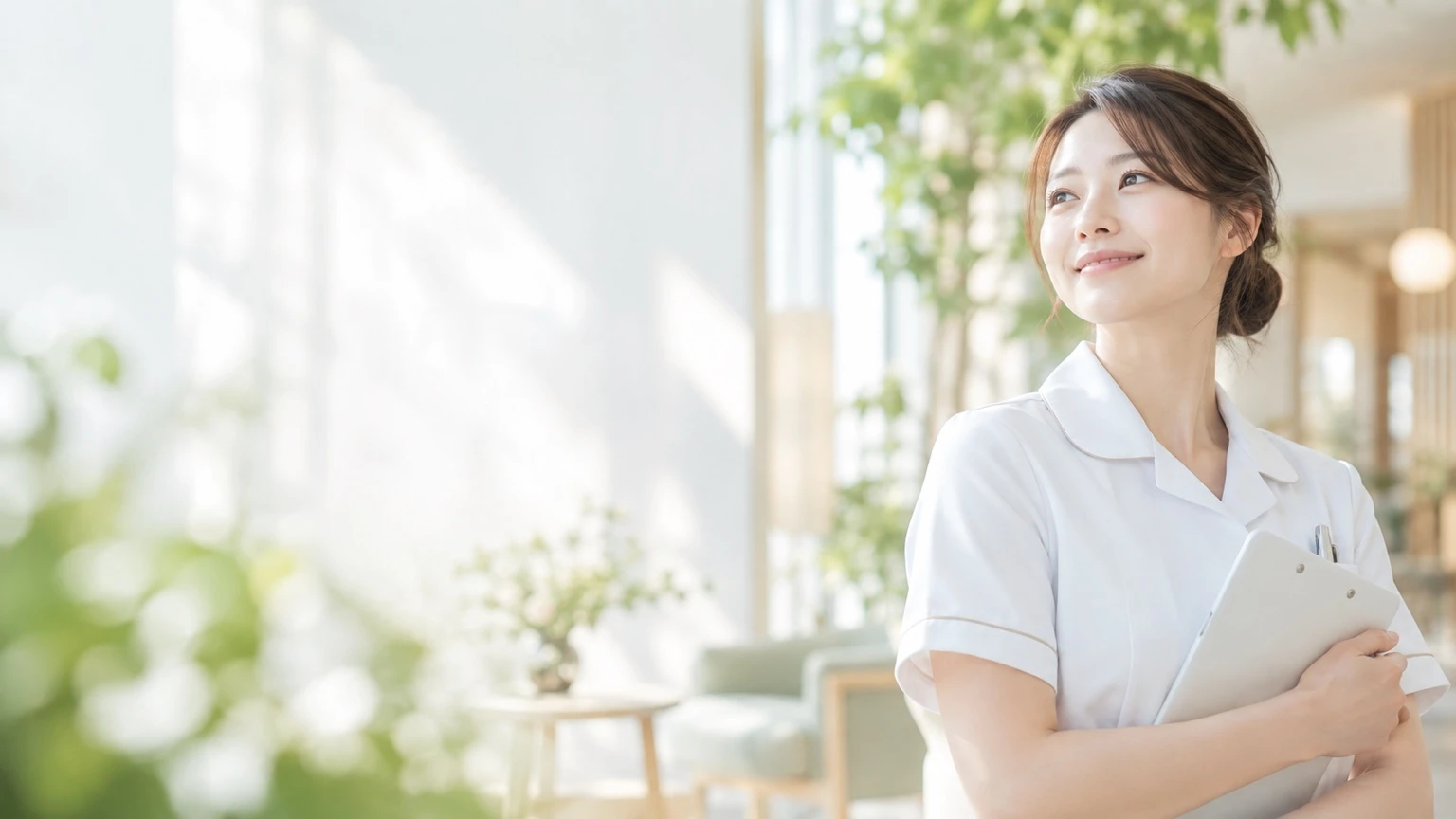 自然光の入る空間で、白衣姿で優しく微笑む看護師