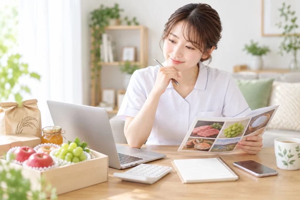 ふるさと納税の返礼品を選ぶ看護師