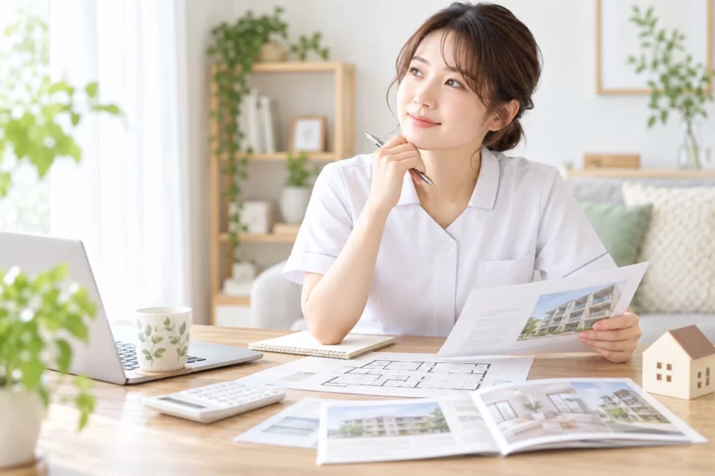 不動産投資の物件資料を確認する看護師