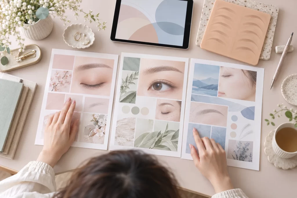 美容学習の資料とタブレットを見比べる手元