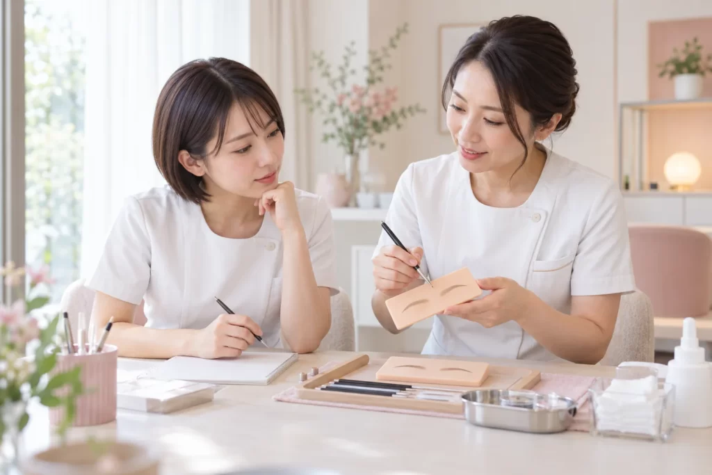 美容学習の練習シートを使い個別に指導を受けるイメージ