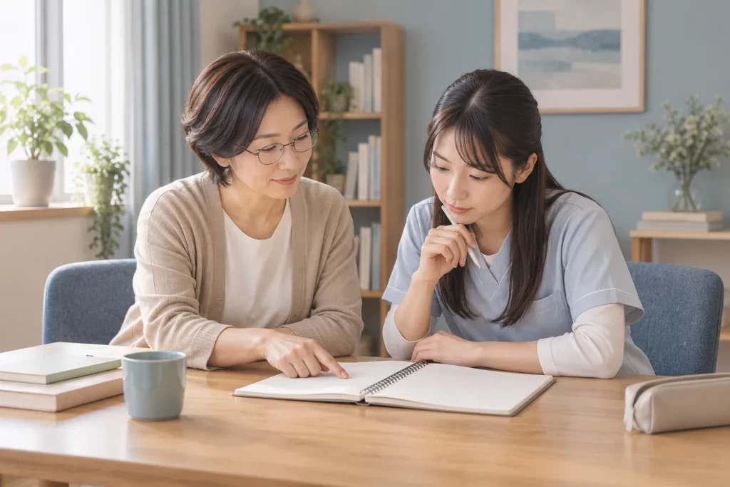 講師と一対一でノートを確認しながら学ぶイメージ