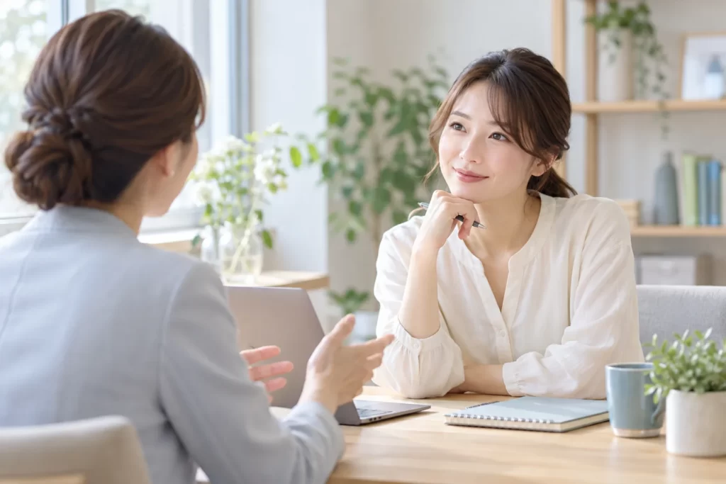 明るい面談スペースで転職について相談する女性のイメージ