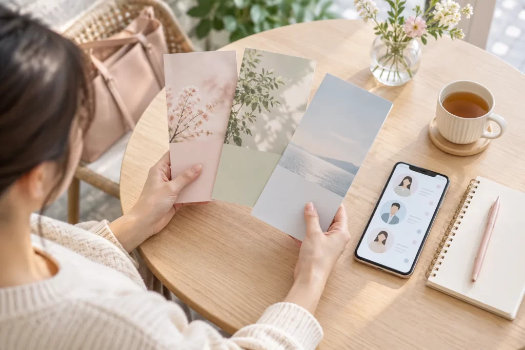 カフェでスマートフォンと複数の婚活資料を見比べるイメージ