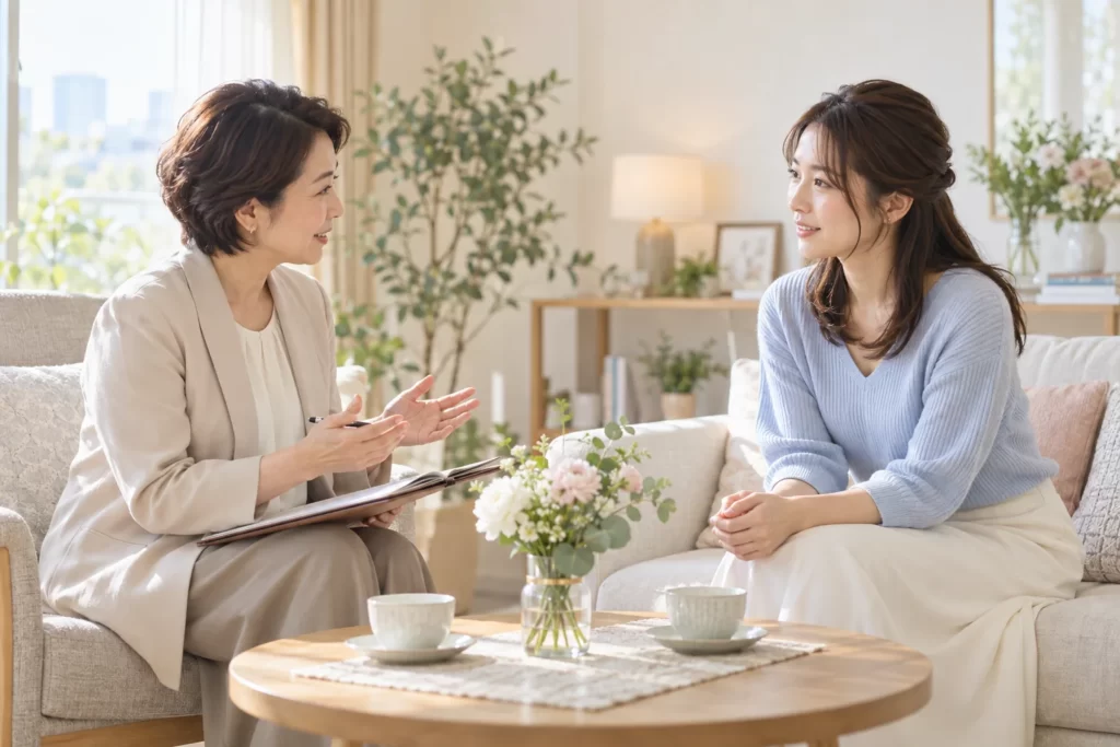 落ち着いた面談空間で婚活について相談する女性のイメージ